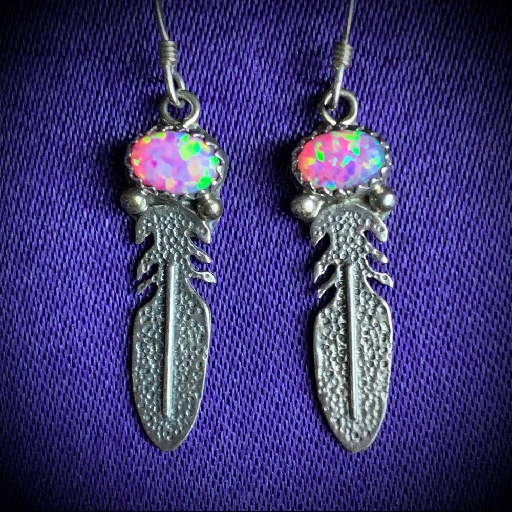 Running Bear Opal & Sterling Feather Earrings